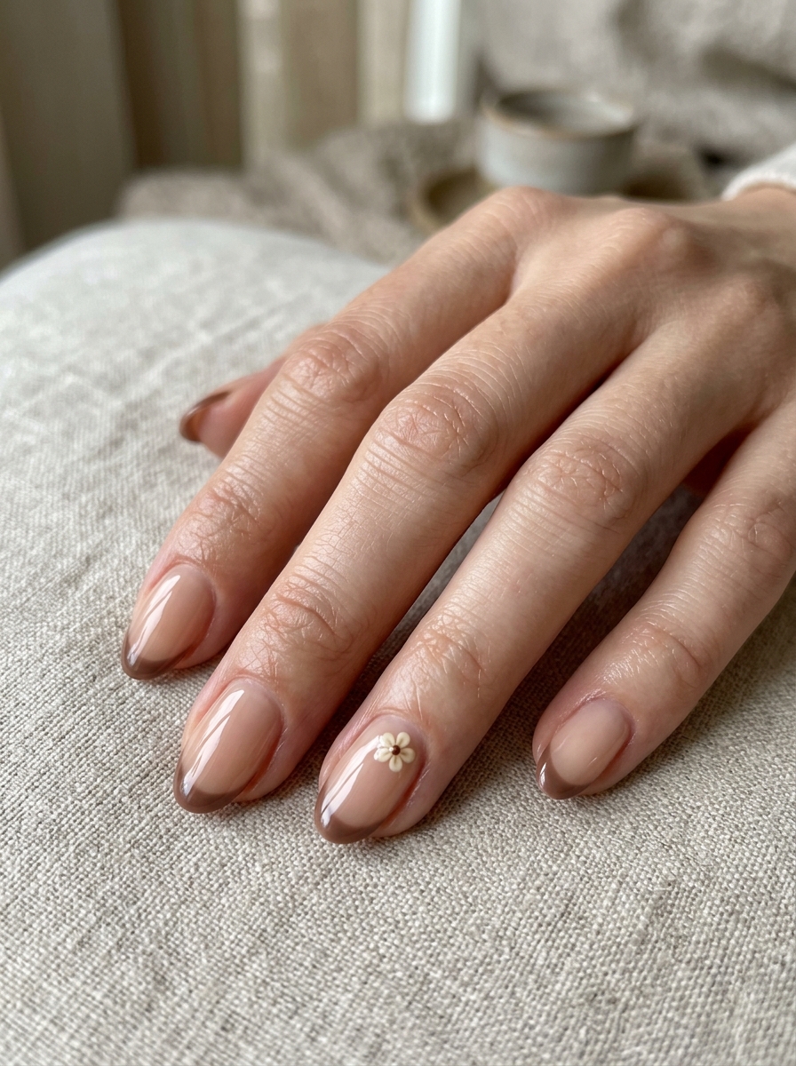 Brown French mit Tiny Floral Accent als Brown French Nägel Inspiration 2026